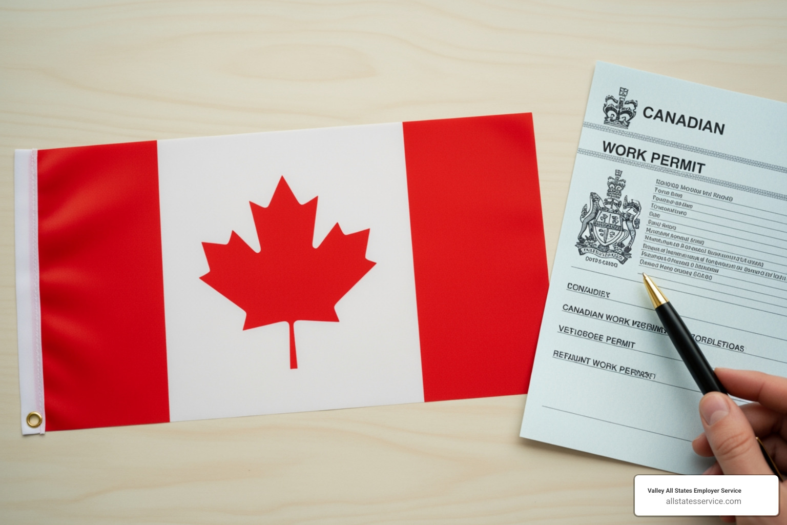 Canadian flag and a work permit document on a desk - Employee work authorization