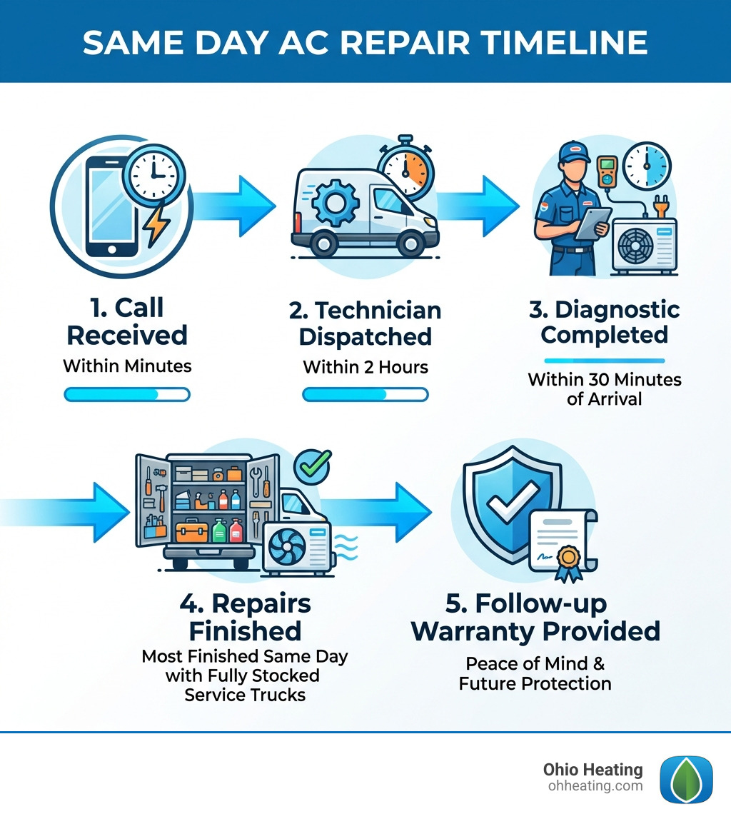 infographic showing same day AC repair timeline: call received within minutes, technician dispatched within 2 hours, diagnostic completed within 30 minutes of arrival, most repairs finished same day with fully stocked service trucks, follow-up warranty provided - same day AC repair infographic 