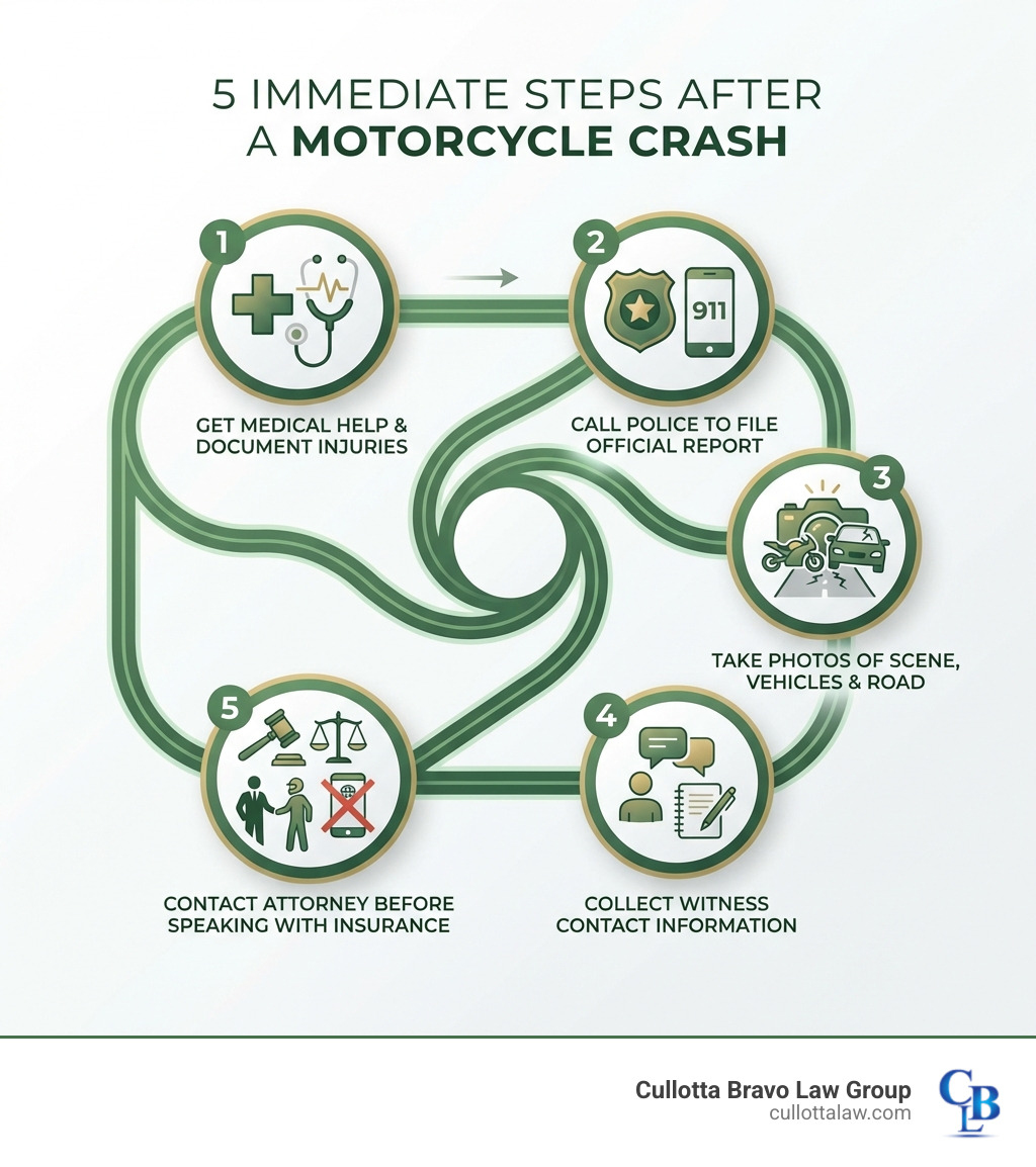 Infographic showing 5 immediate steps after a motorcycle crash: 1) Get medical help and document all injuries 2) Call police to file an official report 3) Take photos of the scene, vehicles, and road conditions 4) Collect witness contact information 5) Contact a motorcycle accident attorney before speaking with insurance companies - motorcycle accident attorney Aurora infographic 