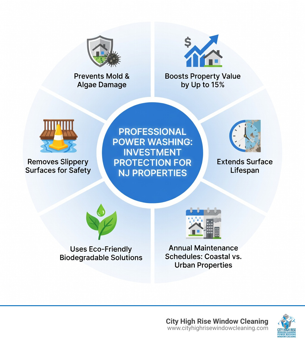 Infographic showing benefits of professional power washing in NJ: prevents mold and algae damage, boosts property value by up to 15%, removes slippery surfaces for safety, extends surface lifespan, uses eco-friendly biodegradable solutions, includes annual maintenance schedules for coastal vs urban properties - power washing company NJ infographic Infographic showing benefits of professional power washing in NJ: prevents mold and algae damage, boosts property value by up to 15%, removes slippery surfaces for safety, extends surface lifespan, uses eco-friendly biodegradable solutions, includes annual maintenance schedules for coastal vs urban properties - power washing company NJ infographic