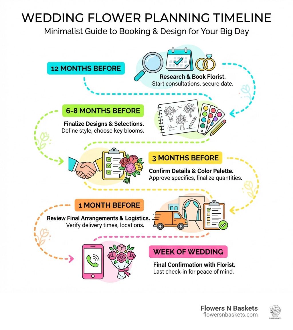 Infographic showing wedding flower planning timeline: 12 months before - research and book florist; 6-8 months before - finalize floral designs and selections; 3 months before - confirm details and color palette; 1 month before - review final arrangements and delivery logistics; Week of wedding - final confirmation with florist - Wedding flower advice infographic