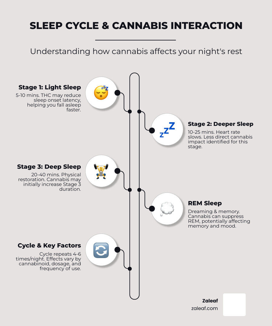 Infographic showing the human sleep cycle with four stages: Stage 1 (light sleep, 5-10 minutes), Stage 2 (deeper sleep, 10-25 minutes), Stage 3 (deep sleep, 20-40 minutes), and REM sleep (dreaming, memory consolidation). The cycle repeats 4-6 times per night. Cannabis interacts with the endocannabinoid system to potentially reduce sleep onset latency, increase Stage 3 deep sleep initially, and suppress REM sleep duration. Effects vary by cannabinoid type (THC, CBD, CBN), dosage, and frequency of use. - cannabis for sleep infographic infographic-line-5-steps-elegant_beige