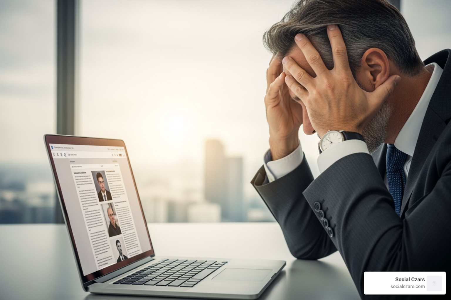 Executive looking stressed while viewing negative search results - online reputation management NYC