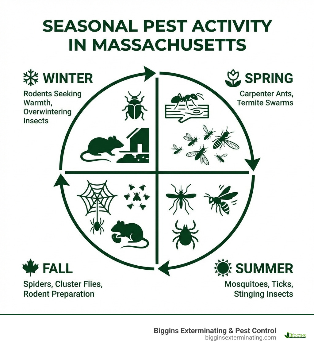 Infographic showing seasonal pest activity in Massachusetts: Winter (rodents seeking warmth, overwintering insects), Spring (carpenter ants, termite swarms), Summer (mosquitoes, ticks, stinging insects), Fall (spiders, cluster flies, rodent preparation) - Exterminator Methuen MA infographic 