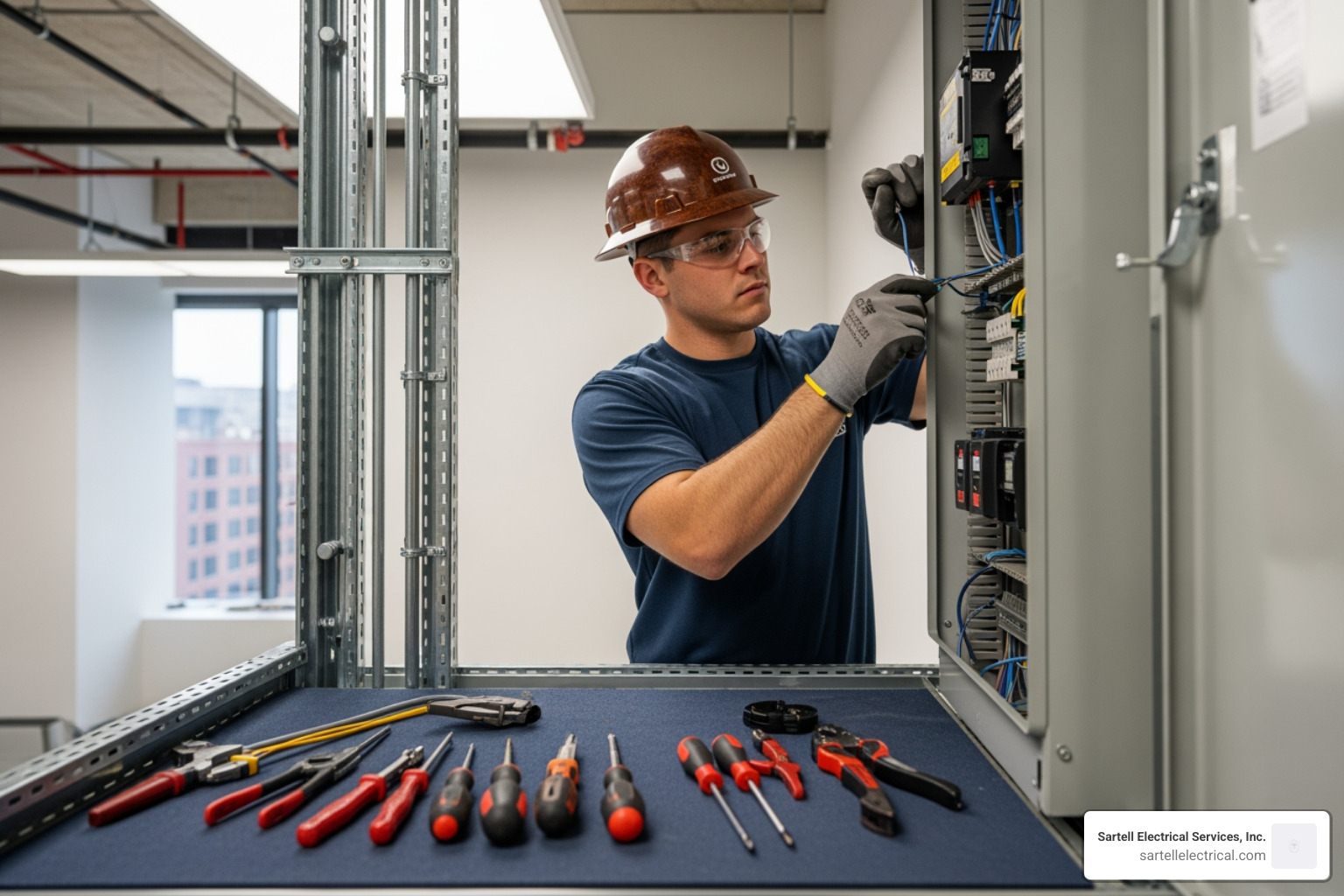 Electrician installing a commercial electrical panel in a Boston facility - boston electrical contractor companies Electrician installing a commercial electrical panel in a Boston facility - boston electrical contractor companies