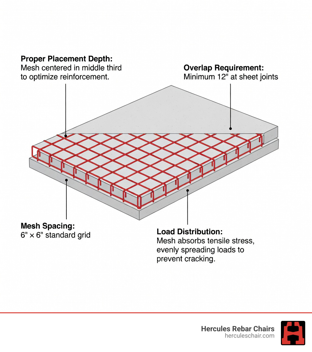 Infographic showing cross-section of reinforced concrete slab with wire mesh positioned in the middle third, supported by rebar chairs, with labels indicating proper placement depth, mesh spacing, overlap requirements, and how the mesh distributes loads to prevent cracking - wire mesh for concrete infographic Infographic showing cross-section of reinforced concrete slab with wire mesh positioned in the middle third, supported by rebar chairs, with labels indicating proper placement depth, mesh spacing, overlap requirements, and how the mesh distributes loads to prevent cracking - wire mesh for concrete infographic