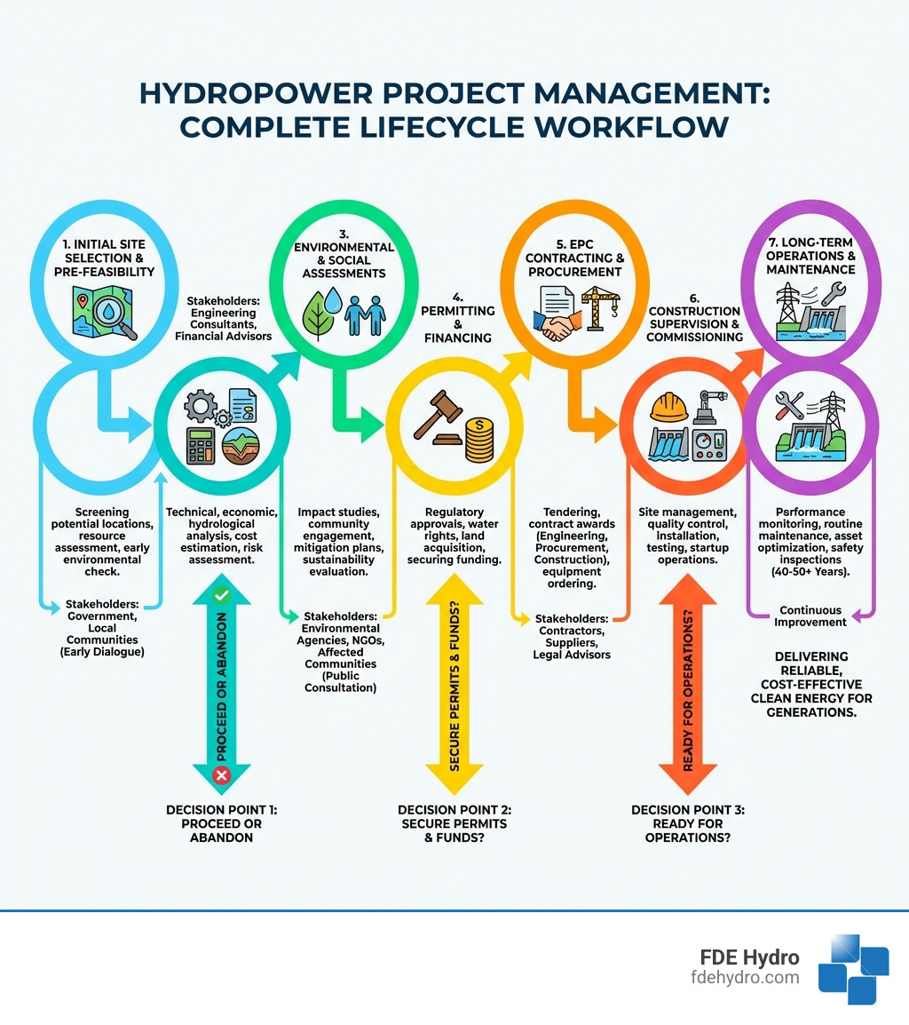 Infographic showing the complete hydropower project management workflow from initial site selection through feasibility studies, environmental assessments, permitting, EPC contracting, construction supervision, commissioning, and long-term operations and maintenance, with key decision points and stakeholder interactions at each phase - Hydropower project management infographic 