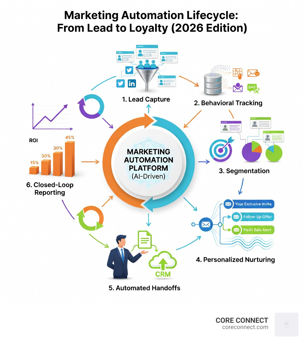 Marketing automation lifecycle showing lead capture, behavioral tracking, segmentation, personalized nurturing across email and SMS, automated handoffs to sales, and closed-loop reporting back to marketing for continuous optimization - marketing automation infographic Marketing automation lifecycle showing lead capture, behavioral tracking, segmentation, personalized nurturing across email and SMS, automated handoffs to sales, and closed-loop reporting back to marketing for continuous optimization - marketing automation infographic