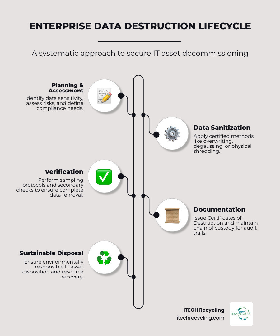 Enterprise data destruction lifecycle showing planning, sanitization methods, verification, documentation, and sustainable disposal - enterprise data destruction infographic infographic-line-5-steps-elegant_beige