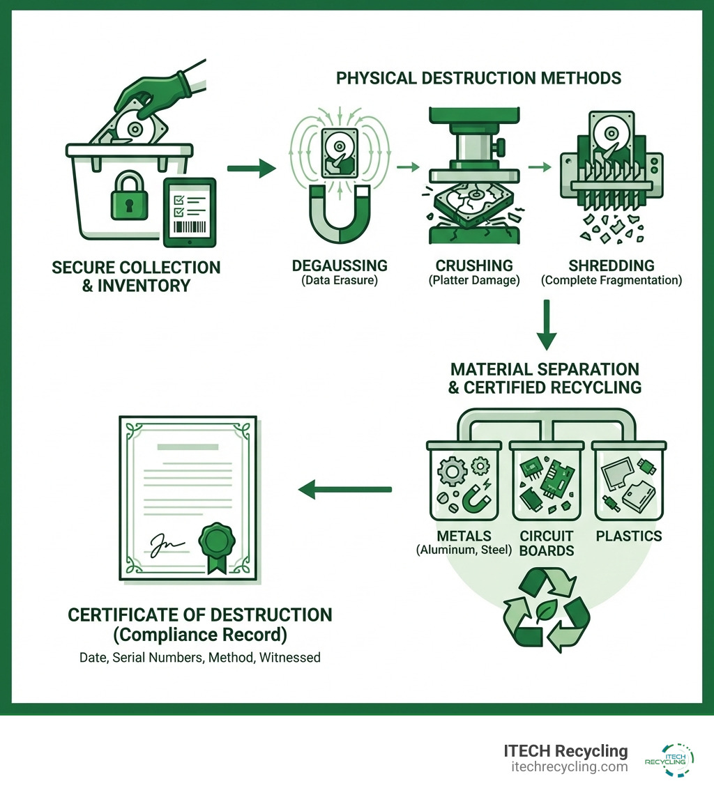 Infographic showing the lifecycle of a decommissioned hard drive: from secure collection and inventory tracking, through physical destruction methods (degaussing, crushing, shredding), to material separation and certified recycling, ending with a Certificate of Destruction for compliance records - HDD disposal service infographic 