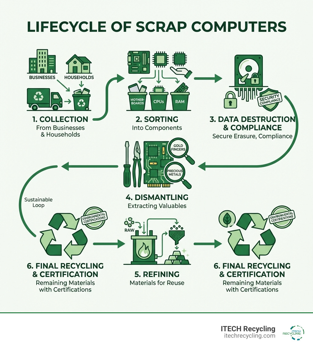 Infographic showing the lifecycle of scrap computers: collection from businesses and households, sorting into components like motherboards CPUs and RAM, data destruction and security compliance, dismantling to extract gold fingers and precious metals, refining materials for reuse, and final recycling of remaining materials with environmental certifications - buy scrap computers infographic 
