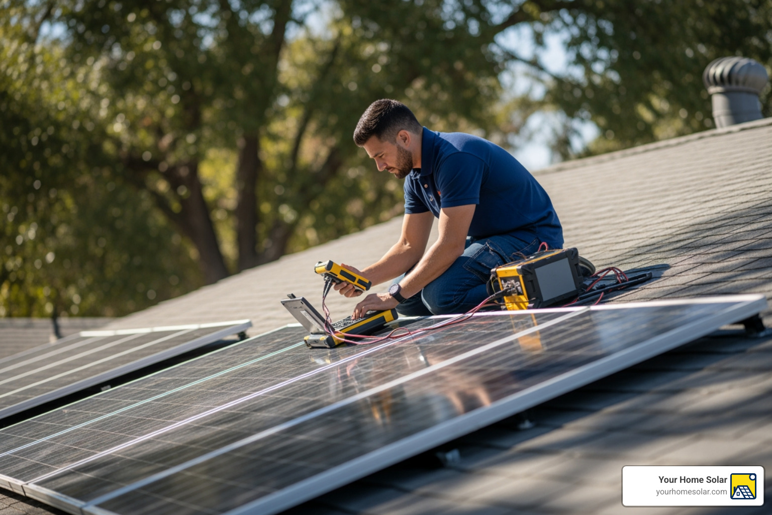 technician performing a professional roof assessment and shading analysis - solar installation process technician performing a professional roof assessment and shading analysis - solar installation process