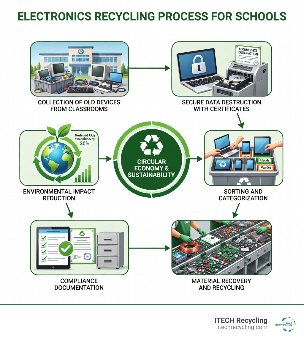 Infographic showing the electronics recycling process for schools: Collection of old devices from classrooms → Secure data destruction with certificates → Sorting and categorization → Material recovery and recycling → Compliance documentation → Environmental impact reduction - electronics recycling for schools infographic Infographic showing the electronics recycling process for schools: Collection of old devices from classrooms → Secure data destruction with certificates → Sorting and categorization → Material recovery and recycling → Compliance documentation → Environmental impact reduction - electronics recycling for schools infographic
