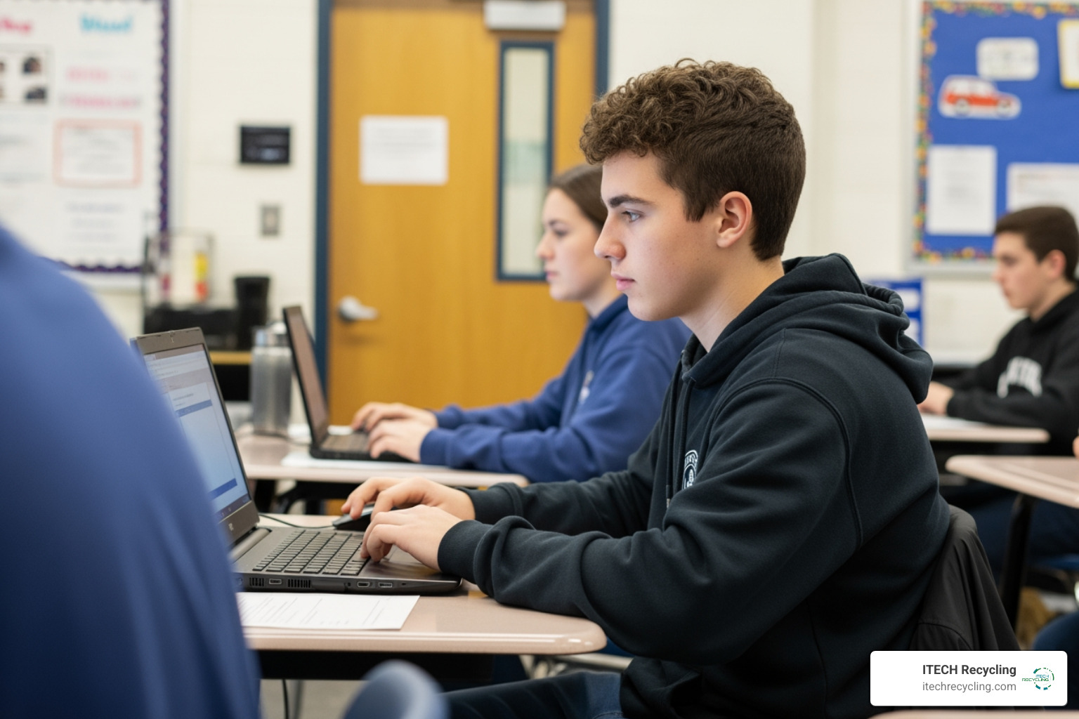 Student using a refurbished computer in a classroom - computer parts donation Student using a refurbished computer in a classroom - computer parts donation