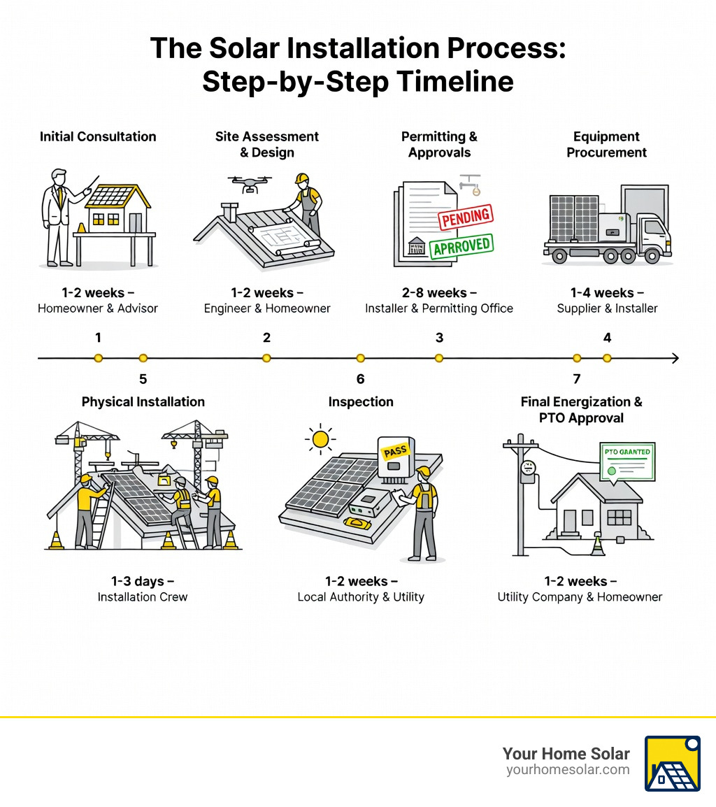 Infographic showing the complete solar installation timeline from initial consultation through site assessment, permitting, equipment delivery, physical installation, inspection, and final energization with PTO approval, including typical duration for each phase and key stakeholders involved - solar installation process infographic Infographic showing the complete solar installation timeline from initial consultation through site assessment, permitting, equipment delivery, physical installation, inspection, and final energization with PTO approval, including typical duration for each phase and key stakeholders involved - solar installation process infographic