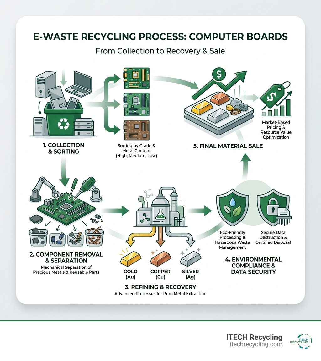 Infographic showing the e-waste recycling process: collection and sorting of computer boards by grade, component removal and separation of precious metals, refining and recovery of gold copper and silver, environmental compliance and data security measures, and final material sale with market-based pricing - computer board scrap prices infographic 