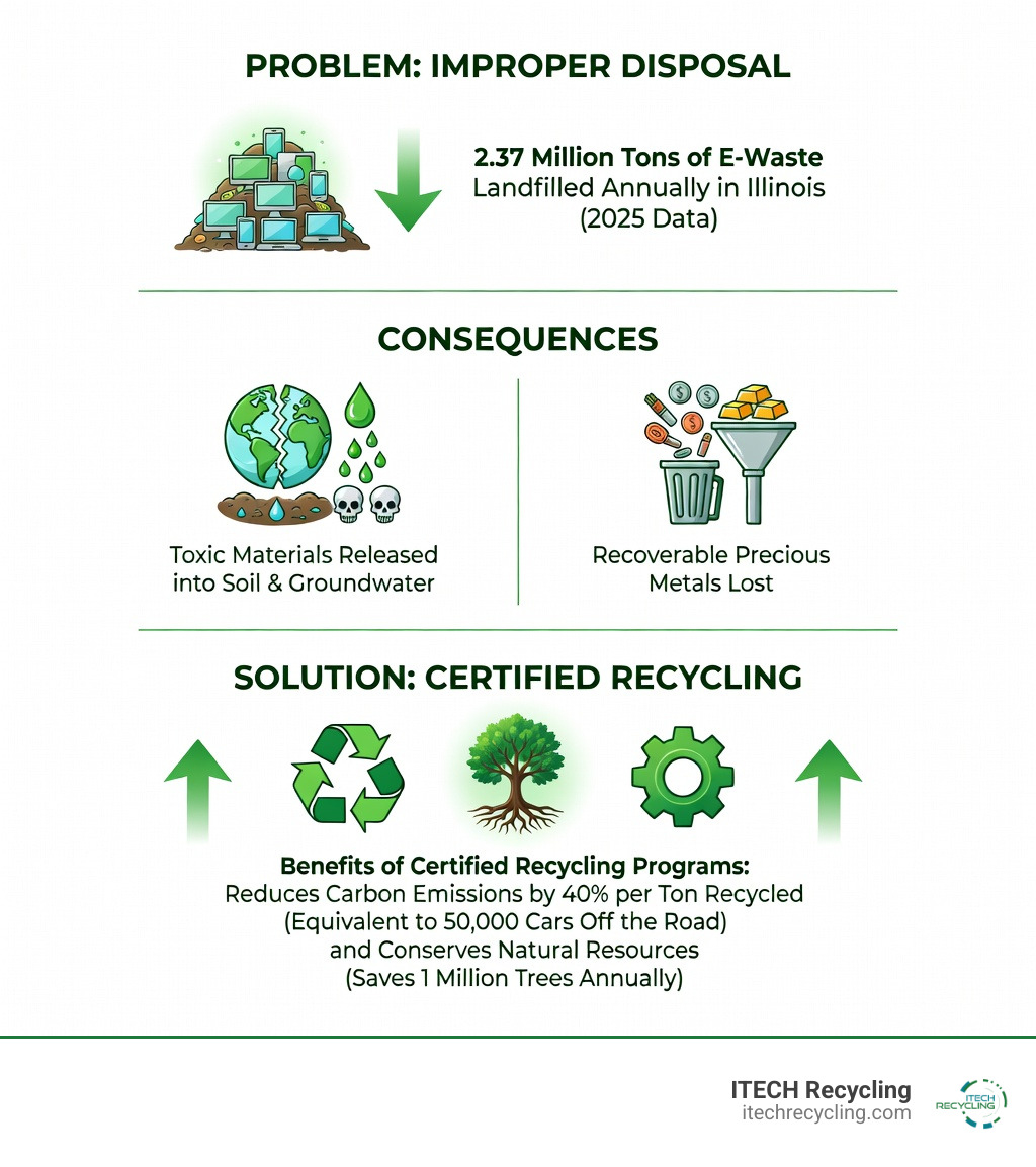 Infographic showing the environmental impact of improper e-waste disposal in Illinois, including tons of electronics landfilled annually, toxic materials released into soil and groundwater, recoverable precious metals lost, and the benefits of certified recycling programs in reducing carbon emissions and conserving natural resources - electronics recycling downtown chicago infographic 