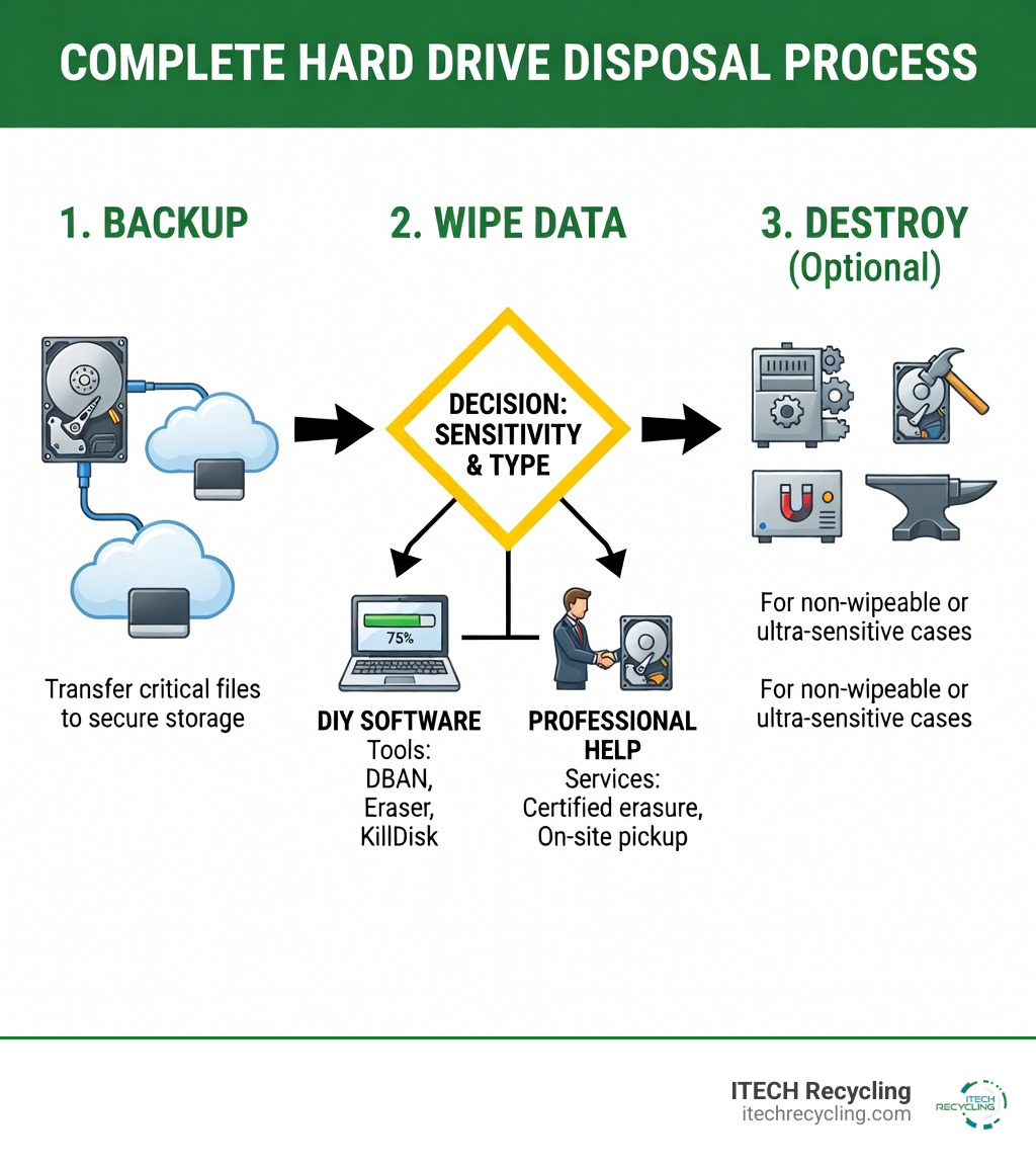infographic showing the complete process of wiping a hard drive for disposal, from backing up data through software wiping methods to final physical destruction options, with decision points for choosing between DIY software tools versus professional services based on data sensitivity and drive type - wiping a hard drive for disposal infographic infographic showing the complete process of wiping a hard drive for disposal, from backing up data through software wiping methods to final physical destruction options, with decision points for choosing between DIY software tools versus professional services based on data sensitivity and drive type - wiping a hard drive for disposal infographic