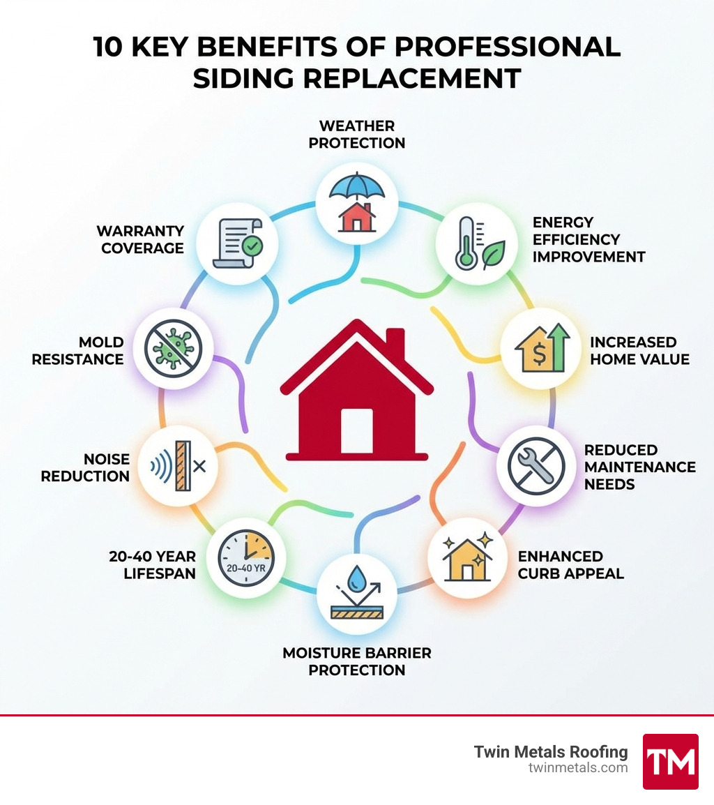 Infographic showing 10 key benefits of professional siding replacement: weather protection, energy efficiency improvement, increased home value, reduced maintenance needs, enhanced curb appeal, moisture barrier protection, 20-40 year lifespan, noise reduction, mold resistance, and warranty coverage - Siding Contractors MA infographic Infographic showing 10 key benefits of professional siding replacement: weather protection, energy efficiency improvement, increased home value, reduced maintenance needs, enhanced curb appeal, moisture barrier protection, 20-40 year lifespan, noise reduction, mold resistance, and warranty coverage - Siding Contractors MA infographic