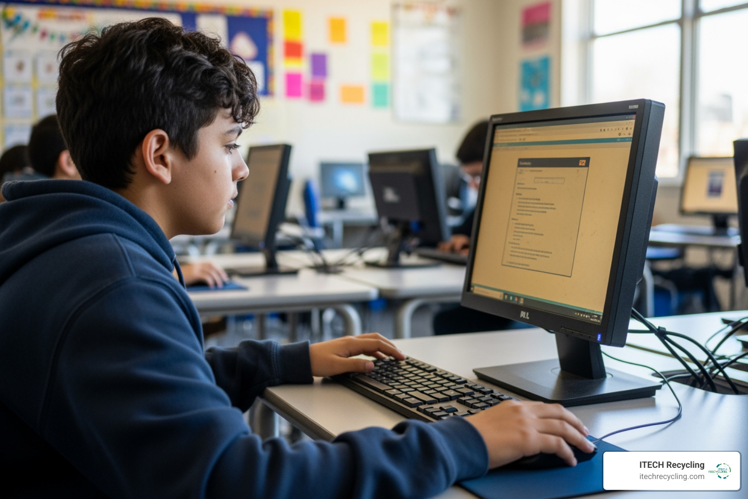 A student using a refurbished computer in a community center classroom - charity pc recycling