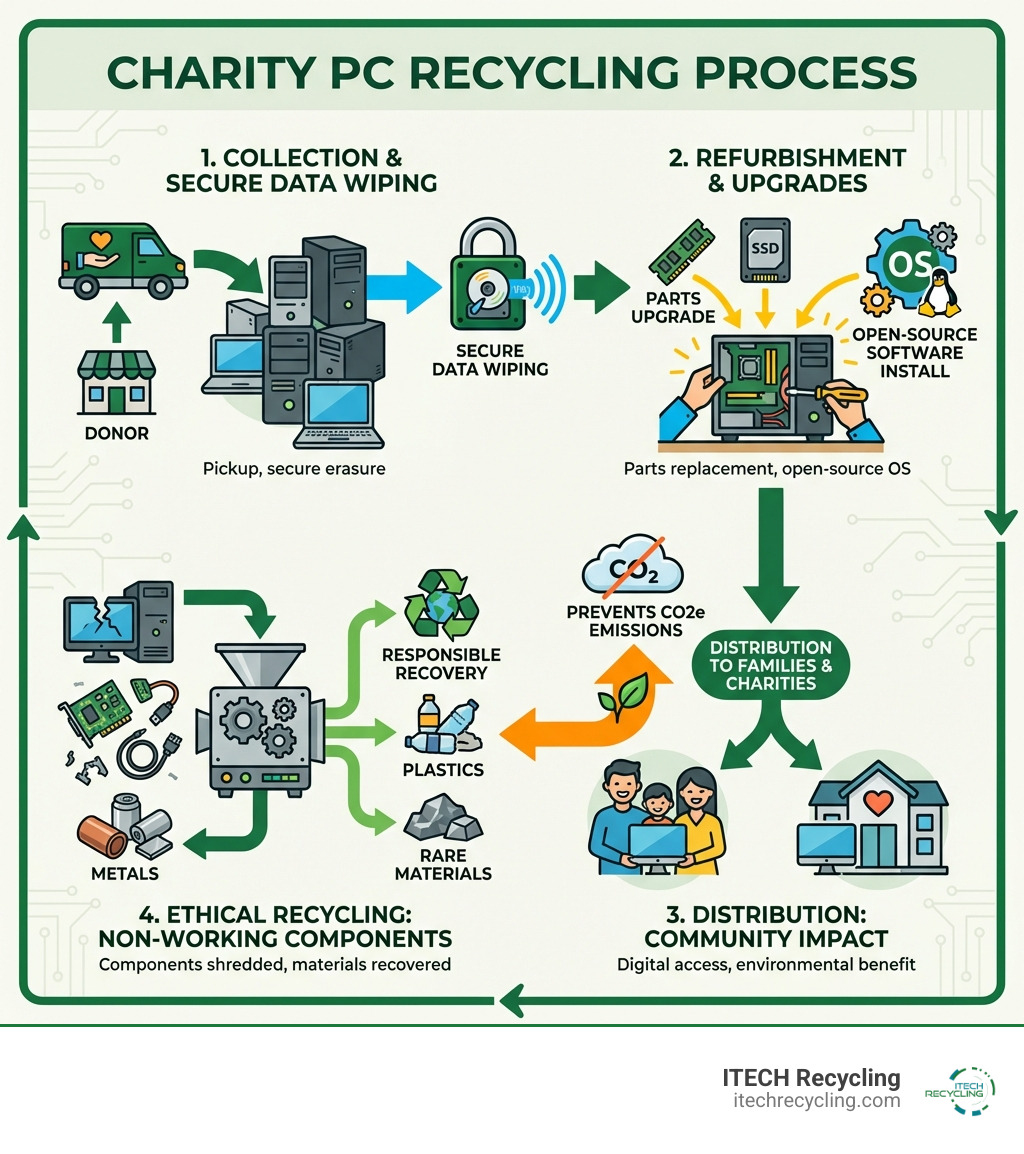 infographic showing the charity pc recycling process: collection and data wiping, refurbishment with parts upgrade and open-source software installation, distribution to low-income families and charities preventing CO2e emissions, and ethical recycling of non-working components - charity pc recycling infographic 