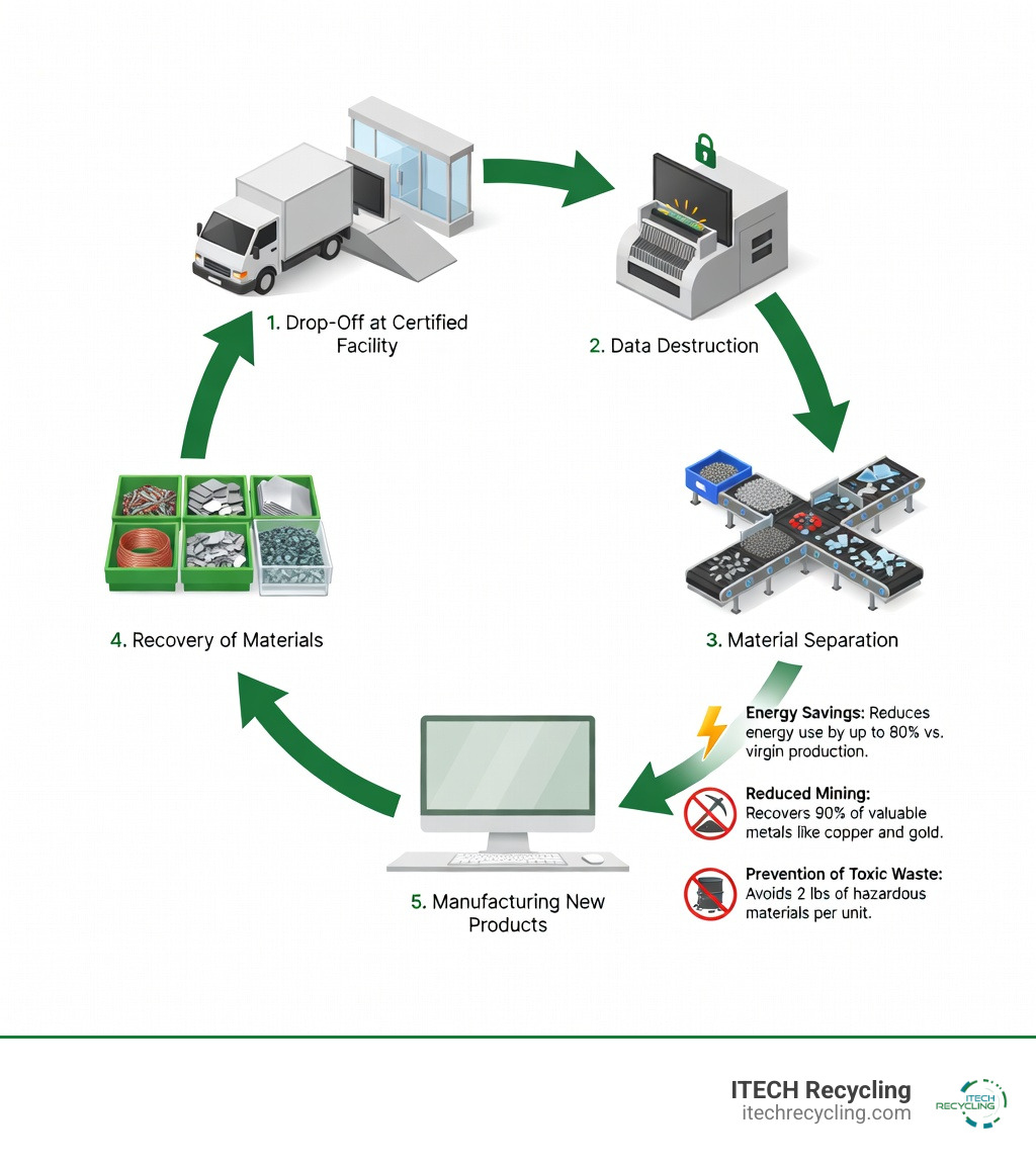 Infographic showing the computer monitor recycling lifecycle: from drop-off at certified facility, to data destruction and material separation, to recovery of metals and glass, to manufacturing new products, with environmental benefits listed including energy savings, reduced mining, and prevention of toxic waste - computer monitor drop off infographic 