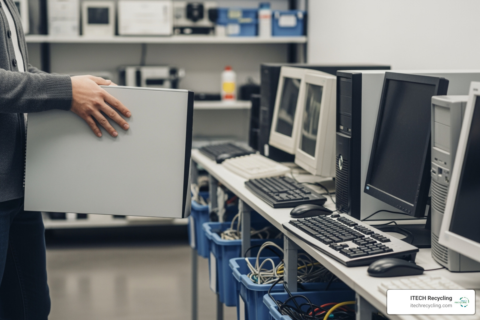 a person dropping off a computer at a recycling center - west chicago electronics recycling
