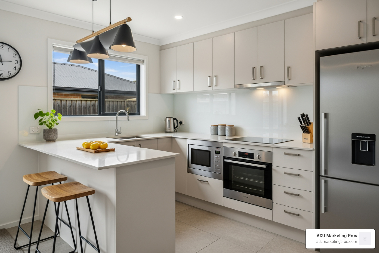 Interior view of a small kitchen in a granny flat featuring light-colored cabinets, a compact island, and high-end stainless steel appliances to maximize space - granny apartment