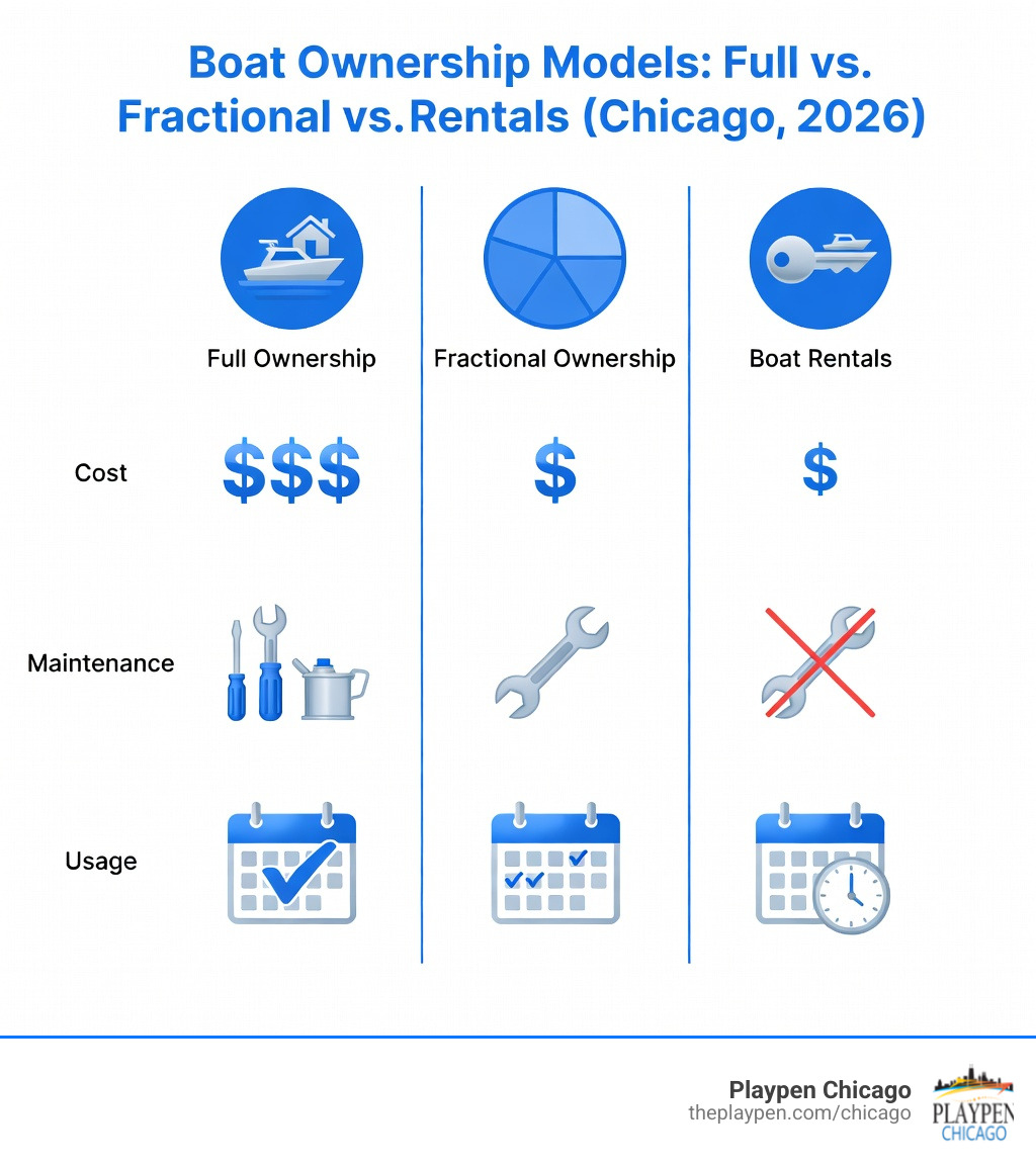 table comparing full ownership fractional ownership and boat rentals across cost maintenance and usage - fractional boat ownership Chicago infographic 