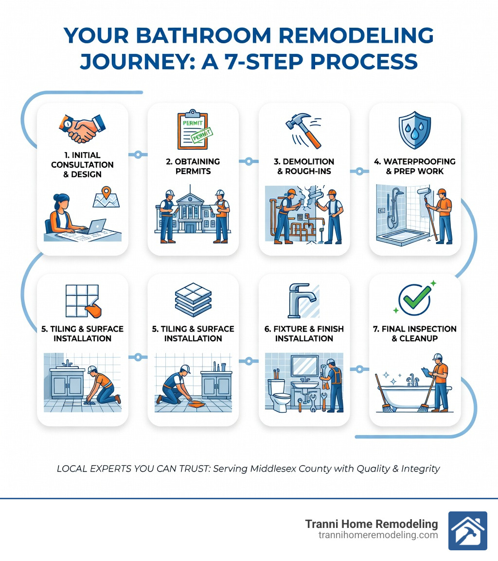 infographic showing the bathroom remodeling process: initial consultation and design, obtaining permits, demolition and rough-ins, waterproofing and prep work, tiling and surface installation, fixture and finish installation, final inspection and cleanup - bathroom remodel in my area infographic 
