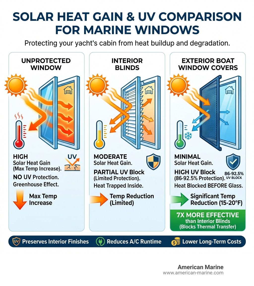 infographic showing solar heat gain comparison between unprotected windows, interior blinds, and exterior boat window covers with temperature reduction data and UV blocking percentages - exterior boat window covers infographic 