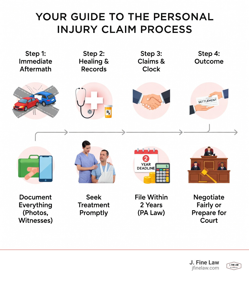 infographic showing the personal injury claim process from accident through medical treatment, insurance negotiations, filing deadlines, and final settlement or trial - Personal injury compensation infographic infographic showing the personal injury claim process from accident through medical treatment, insurance negotiations, filing deadlines, and final settlement or trial - Personal injury compensation infographic