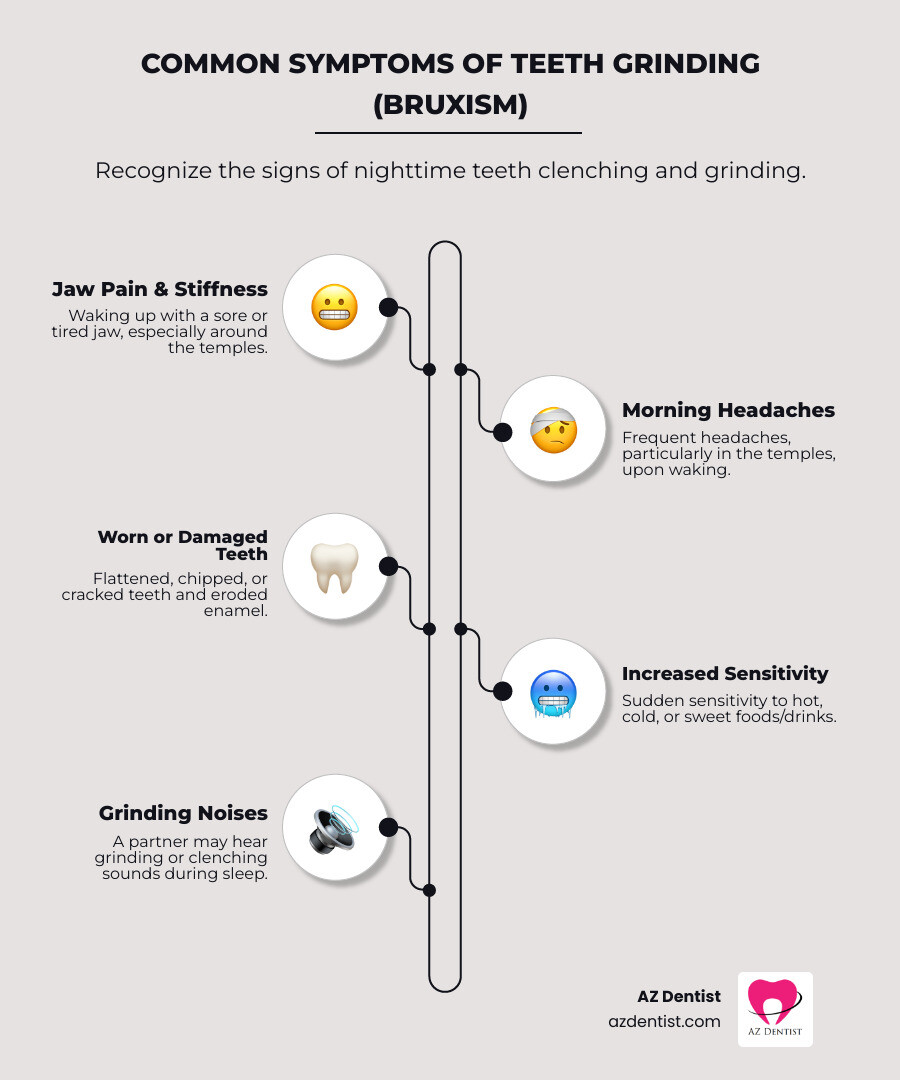 infographic showing common symptoms of teeth grinding including jaw soreness, morning headaches, worn tooth enamel, tooth sensitivity, and grinding noise during sleep - best otc mouth guard for grinding teeth infographic infographic-line-5-steps-elegant_beige infographic showing common symptoms of teeth grinding including jaw soreness, morning headaches, worn tooth enamel, tooth sensitivity, and grinding noise during sleep - best otc mouth guard for grinding teeth infographic infographic-line-5-steps-elegant_beige
