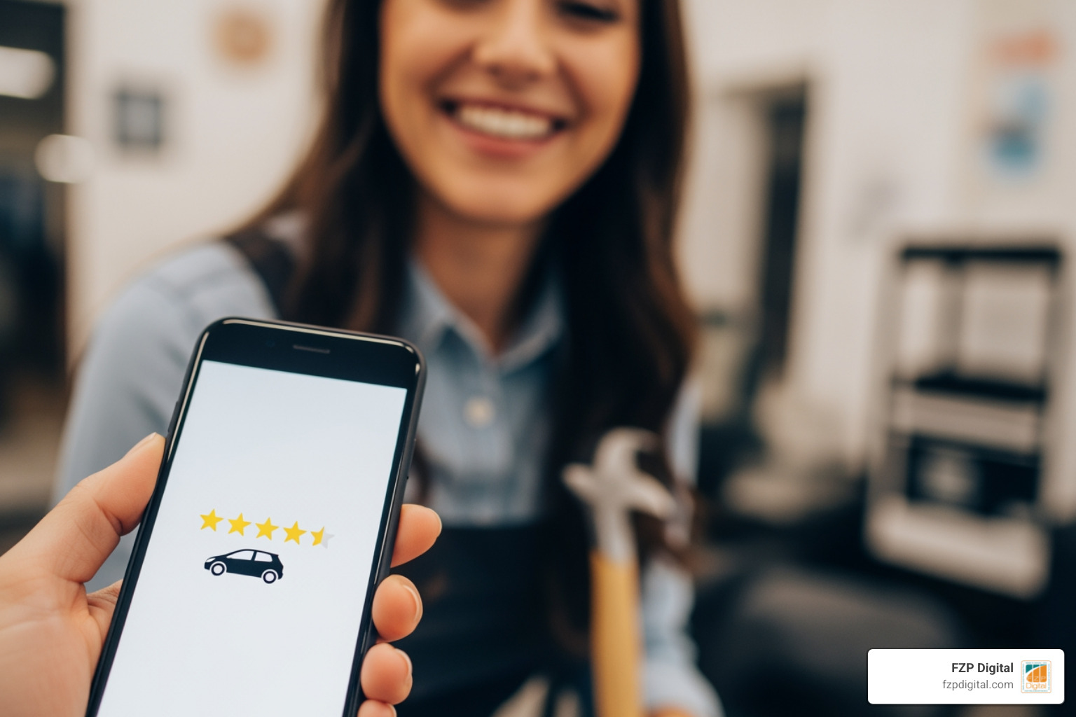 A close-up of a five-star rating on a smartphone screen held by a person with a bright, happy expression - google review management services A close-up of a five-star rating on a smartphone screen held by a person with a bright, happy expression - google review management services
