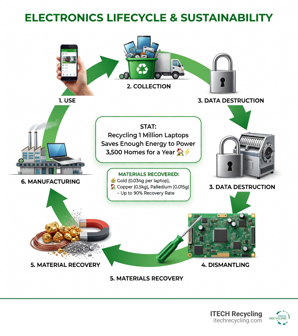 infographic showing the lifecycle of electronics from use through collection, data destruction, dismantling, material recovery, and manufacturing into new products, with statistics on energy savings and materials recovered - electronics disposal services infographic 