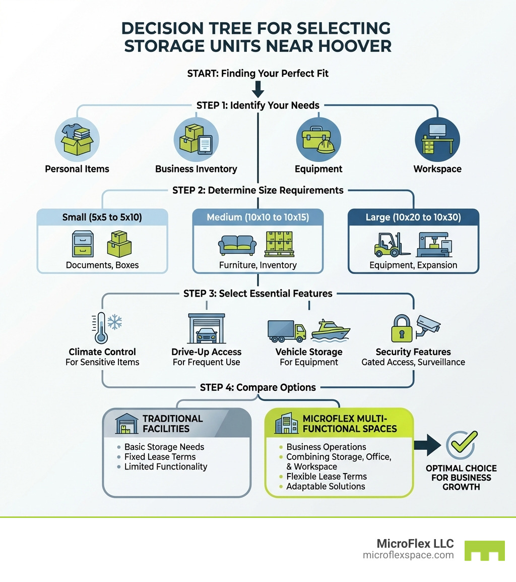 Infographic showing the decision tree for selecting storage units near Hoover: Step 1 - Identify your needs (personal items, business inventory, equipment, or workspace); Step 2 - Determine size requirements (small 5x5 to 5x10 for documents and boxes, medium 10x10 to 10x15 for furniture and inventory, large 10x20 to 10x30 for equipment and expansion); Step 3 - Select essential features (climate control for sensitive items, drive-up access for frequent use, vehicle storage for equipment, security features like gated access and surveillance); Step 4 - Compare options (traditional storage facilities for basic needs, MicroFlex multi-functional spaces for business operations combining storage, office, and workspace) - storage units near Hoover infographic 