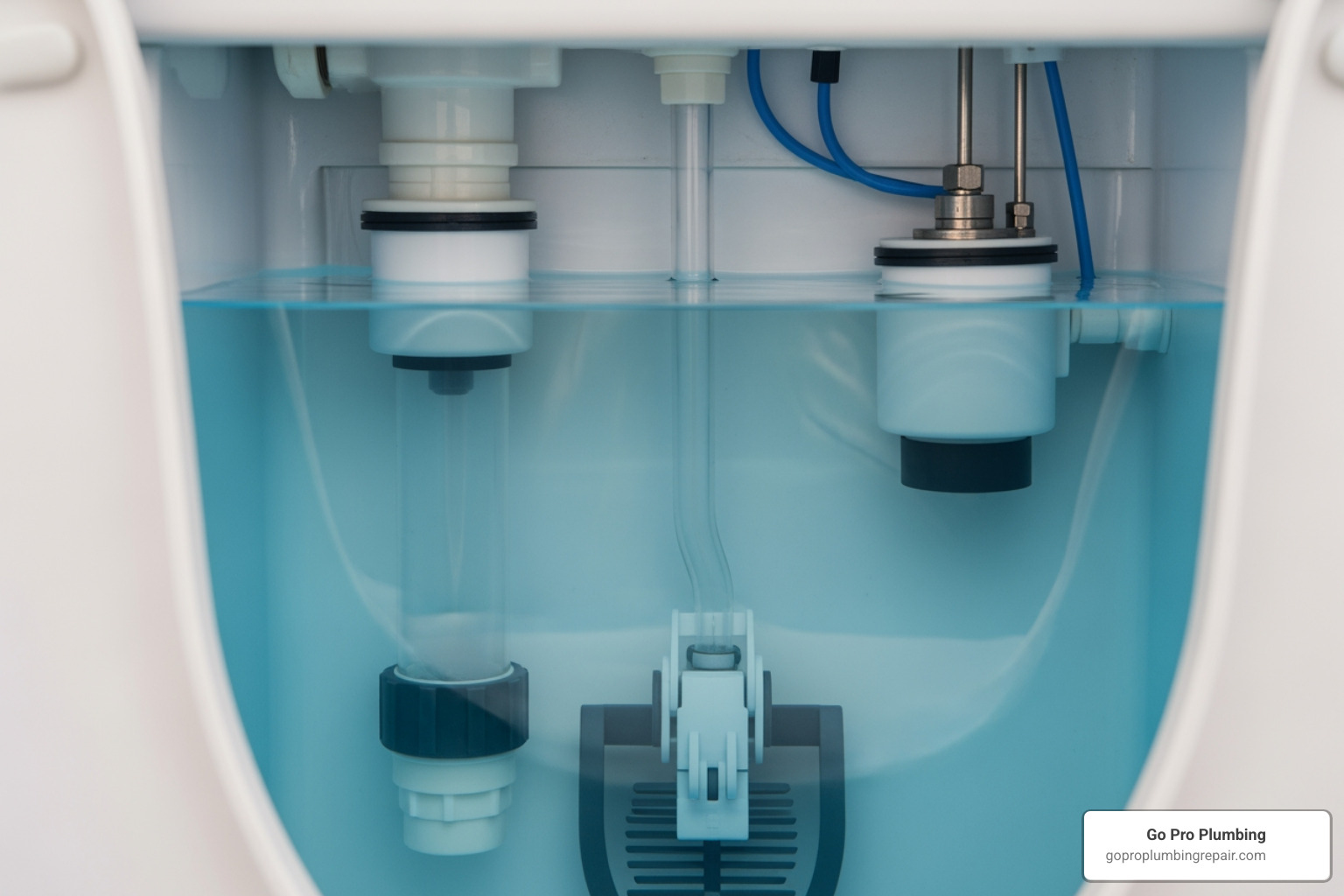 Close-up of a toilet tank interior showing the flapper, fill valve, and overflow tube - toilet leak repair