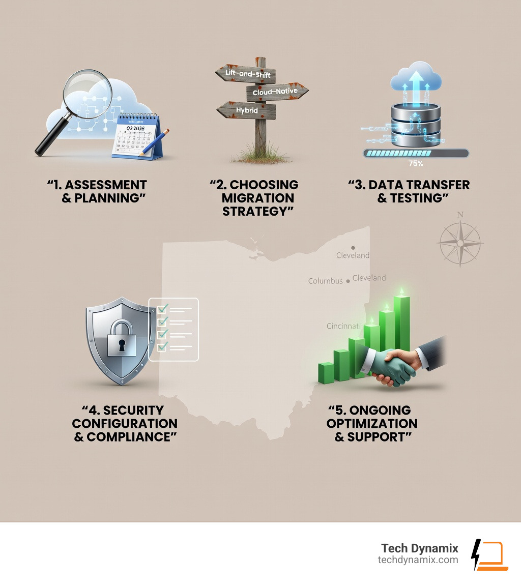 detailed infographic showing the 5 key steps of cloud migration: assessment and planning, choosing migration strategy, data transfer and testing, security configuration and compliance, and ongoing optimization and support - cloud migration Ohio infographic 