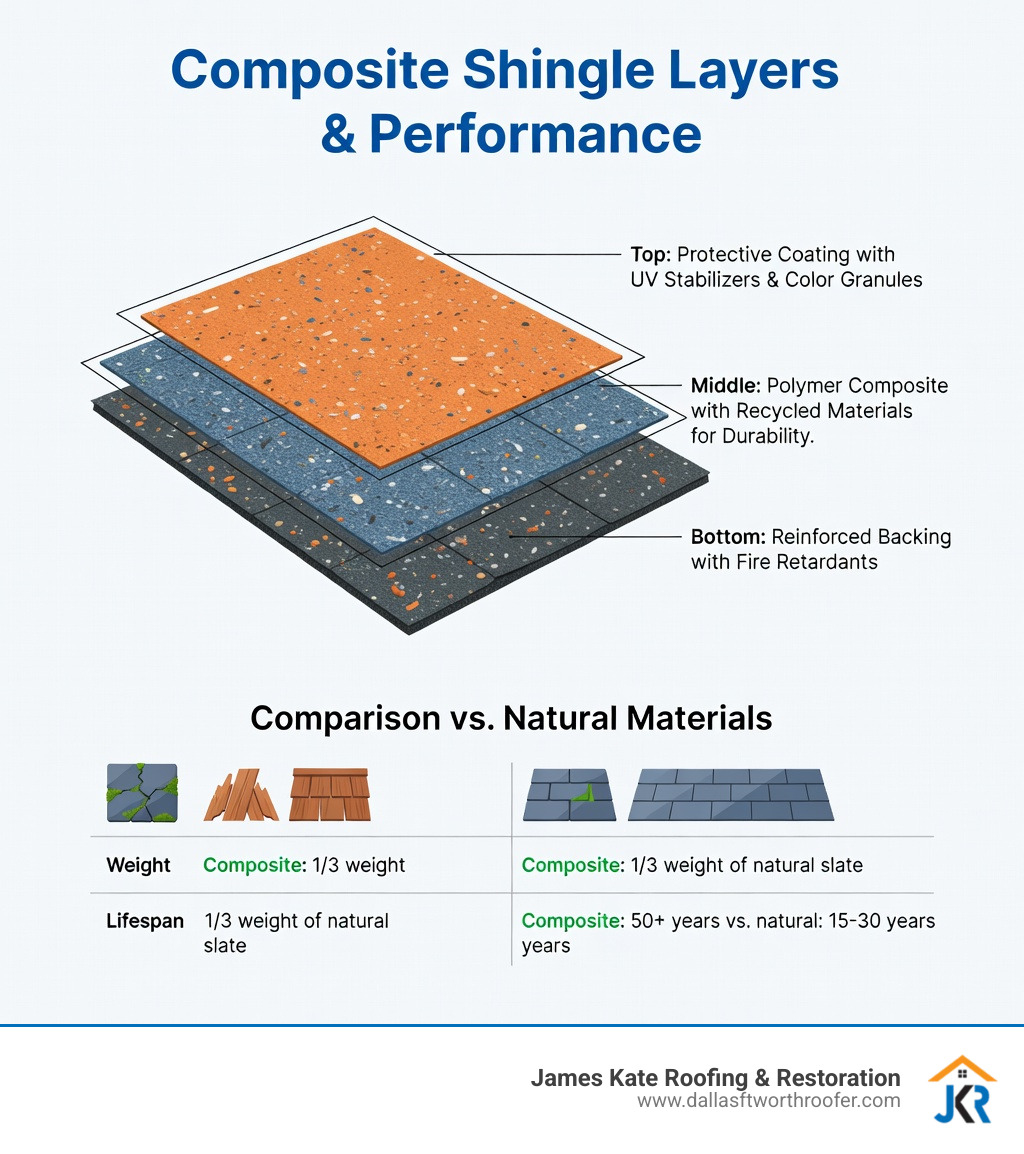 Infographic showing the layered construction of composite shingles: top protective coating with UV stabilizers and color granules, middle layer of polymer composite or recycled materials for strength, bottom layer with reinforced backing and fire retardants, plus comparison of weight and lifespan versus natural materials - composite roof shingles manufacturers infographic Infographic showing the layered construction of composite shingles: top protective coating with UV stabilizers and color granules, middle layer of polymer composite or recycled materials for strength, bottom layer with reinforced backing and fire retardants, plus comparison of weight and lifespan versus natural materials - composite roof shingles manufacturers infographic
