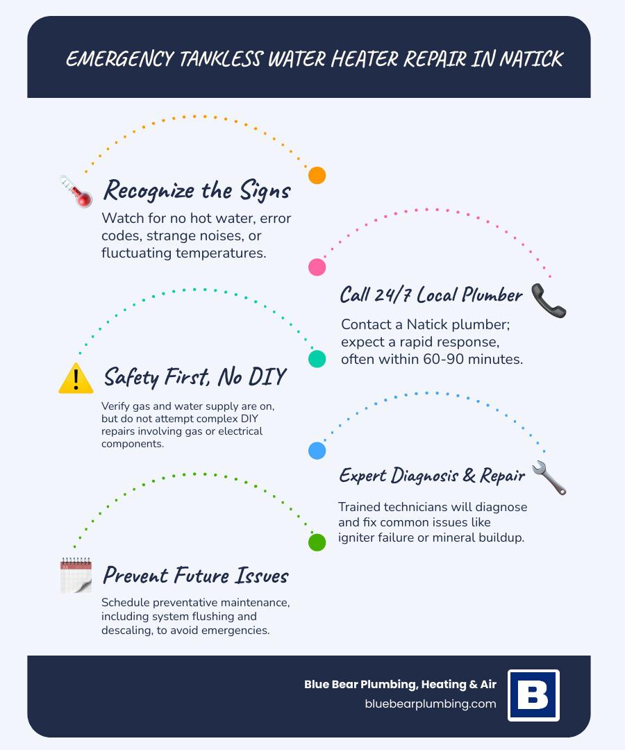 Infographic showing the tankless water heater emergency repair process in Natick MA, including response time of 60-90 minutes, common causes of failure like igniter problems and mineral buildup, diagnostic steps technicians take, typical repair timeline, and preventative maintenance schedule to avoid future emergencies - tankless water heater repair 24 hour in natick, ma infographic infographic-line-5-steps-blues-accent_colors Infographic showing the tankless water heater emergency repair process in Natick MA, including response time of 60-90 minutes, common causes of failure like igniter problems and mineral buildup, diagnostic steps technicians take, typical repair timeline, and preventative maintenance schedule to avoid future emergencies - tankless water heater repair 24 hour in natick, ma infographic infographic-line-5-steps-blues-accent_colors