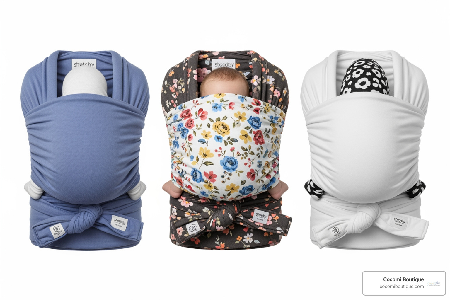 Different styles of baby wraps showing a stretchy knit wrap, a floral muslin swaddle, and a solid organic cotton wrap - best baby wraps Different styles of baby wraps showing a stretchy knit wrap, a floral muslin swaddle, and a solid organic cotton wrap - best baby wraps