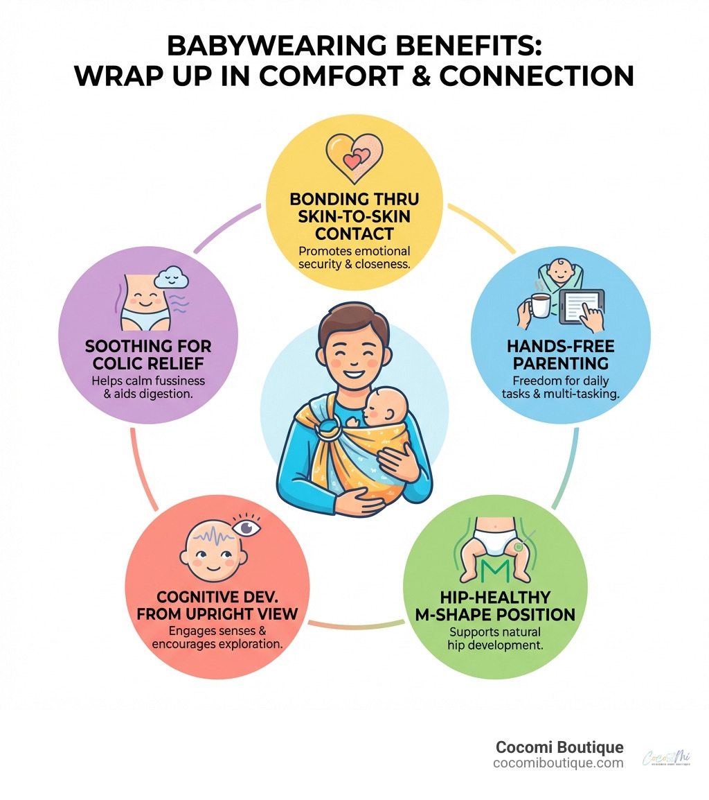 infographic showing benefits of babywearing including bonding through skin-to-skin contact, hands-free parenting for daily tasks, hip-healthy positioning in M-shape, cognitive development from upright view, and soothing for colic relief - best baby wraps infographic infographic showing benefits of babywearing including bonding through skin-to-skin contact, hands-free parenting for daily tasks, hip-healthy positioning in M-shape, cognitive development from upright view, and soothing for colic relief - best baby wraps infographic