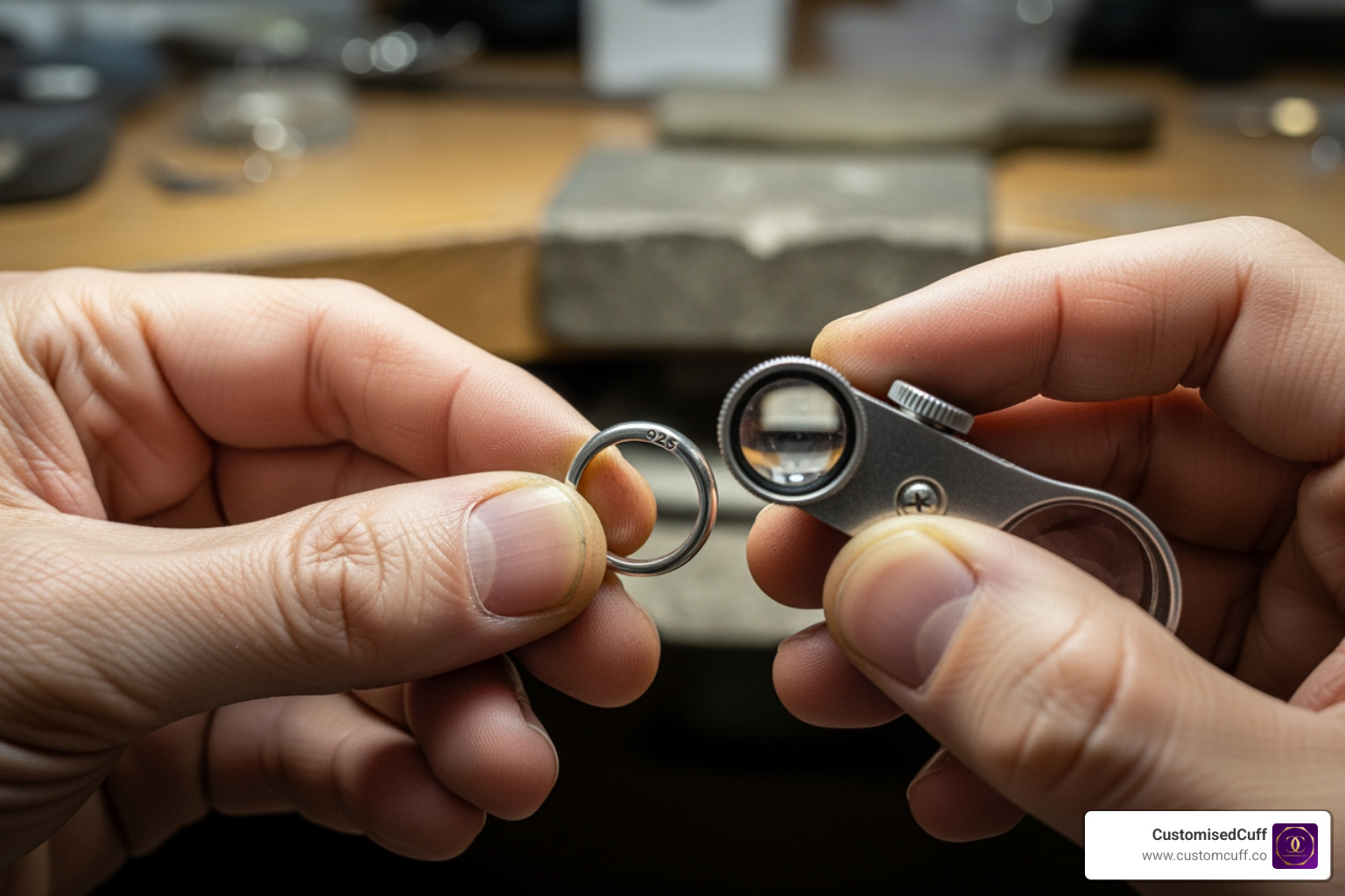 jeweler using a magnifying loupe to inspect the 925 hallmark inside a ring shank - 925 engraving on ring