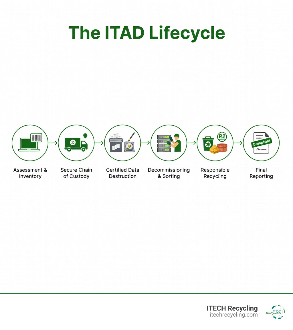 Infographic showing the ITAD lifecycle: Assessment and inventory of end-of-life assets, secure chain of custody with GPS tracking and sealed transport, certified data destruction using NIST 800-88 methods like shredding and degaussing, asset decommissioning and sorting, environmentally responsible recycling with R2 certification to recover materials like gold and copper, and final reporting with certificates of destruction for compliance - responsible IT asset disposal infographic 
