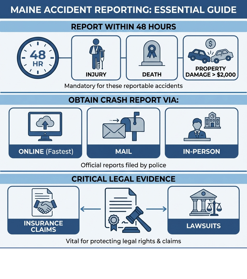 Infographic showing Maine's 48-hour accident reporting requirement, types of reportable accidents including injury/death/property damage over $2,000, three ways to obtain reports including online/mail/in-person, and reminder that reports are critical legal evidence for insurance claims and lawsuits - maine accident infographic 