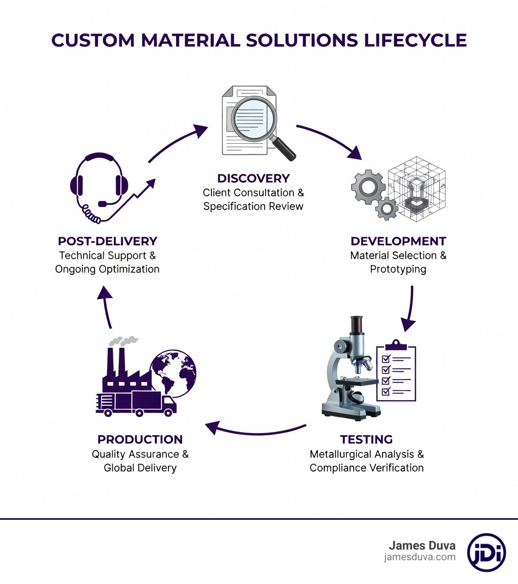 Infographic showing the custom material solutions lifecycle: Discovery phase with client consultation and specification review, Development phase with material selection and prototyping, Testing phase with metallurgical analysis and compliance verification, Production phase with quality assurance and global delivery, and Post-delivery phase with technical support and ongoing optimization - custom material solutions infographic Infographic showing the custom material solutions lifecycle: Discovery phase with client consultation and specification review, Development phase with material selection and prototyping, Testing phase with metallurgical analysis and compliance verification, Production phase with quality assurance and global delivery, and Post-delivery phase with technical support and ongoing optimization - custom material solutions infographic