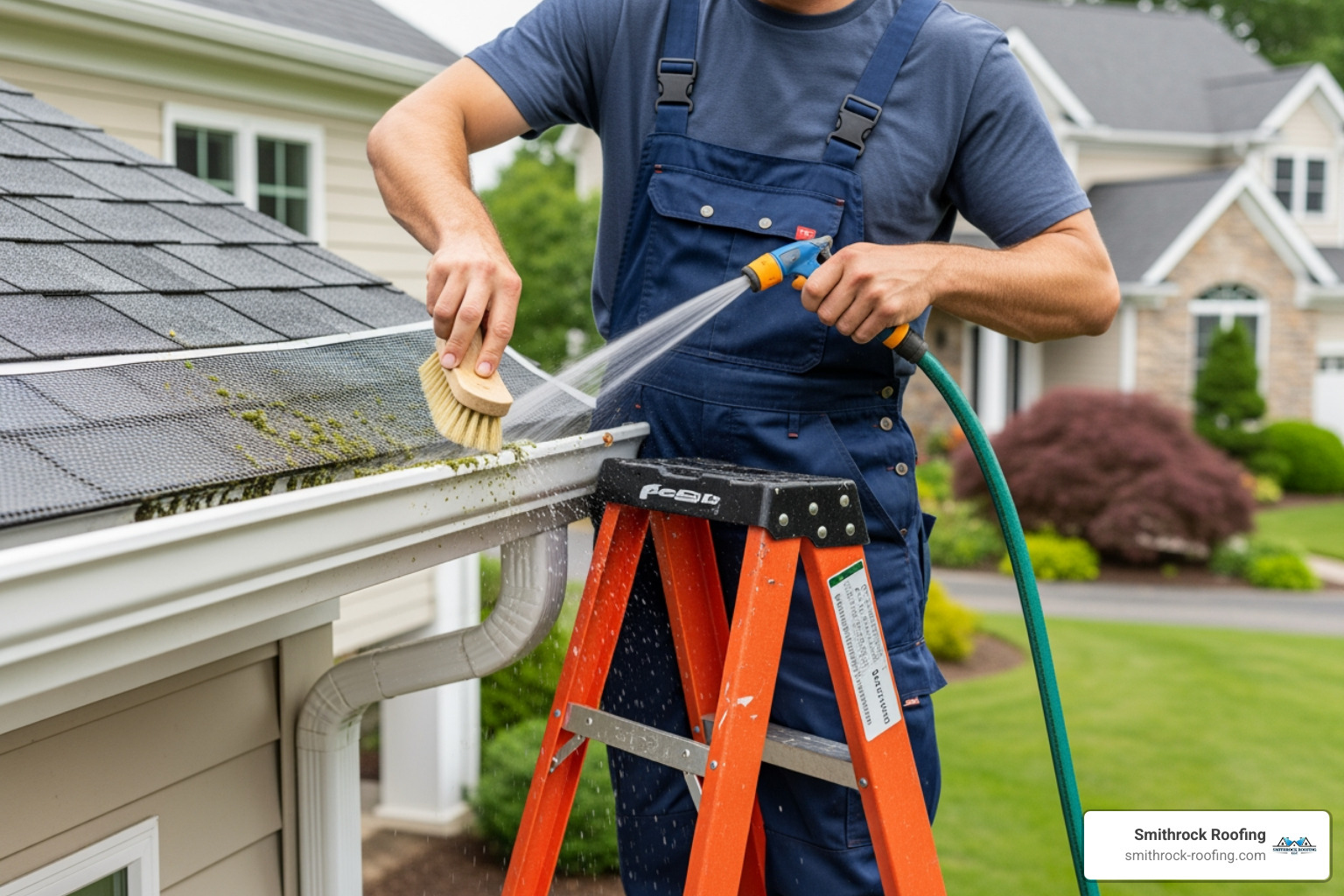 A homeowner on a ladder using a small brush and a garden hose to desperately scrub fine silt and algae off a micro-mesh gutter guard - why gutter guards are bad