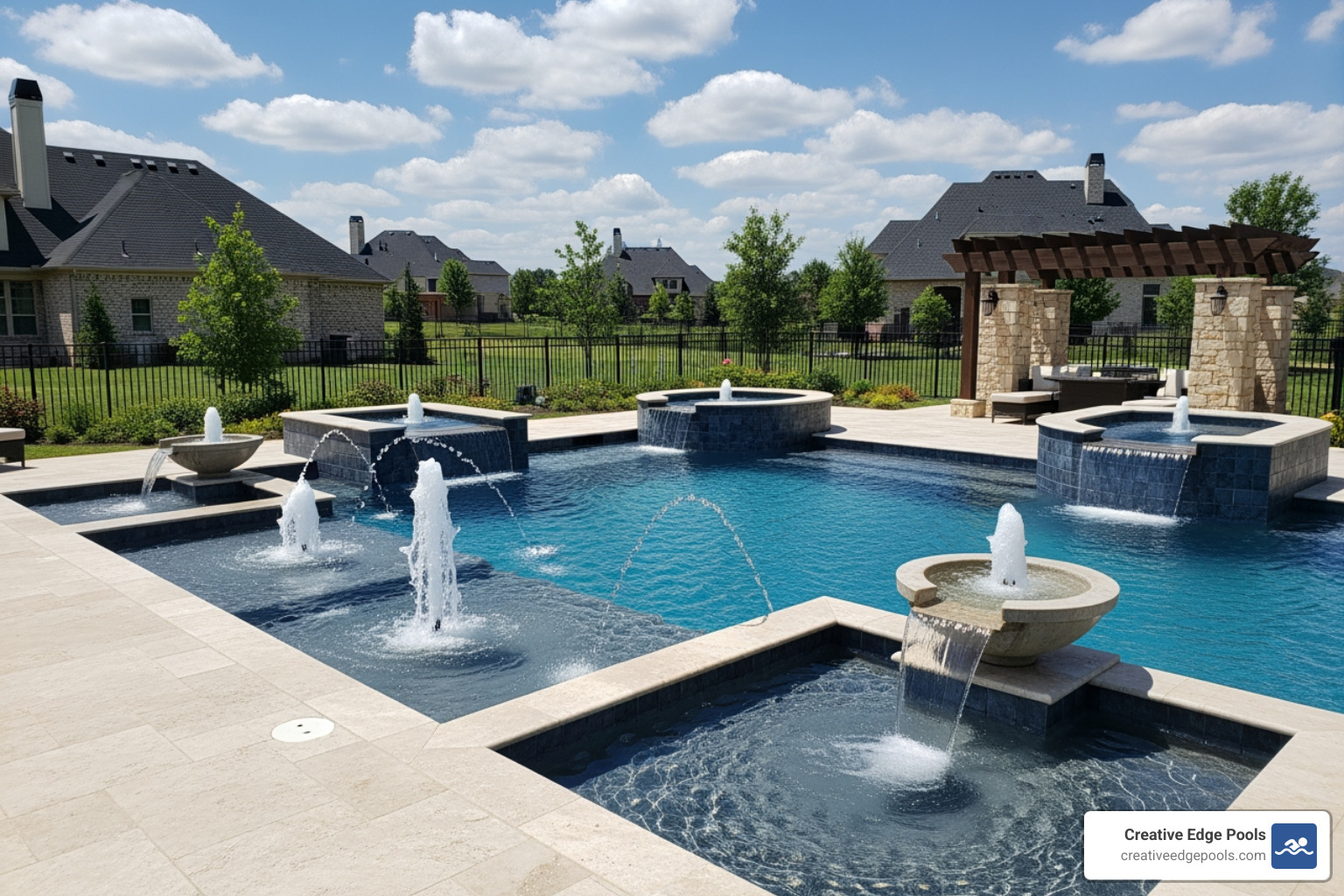 custom gunite pool with water features - swimming pool contractors near me