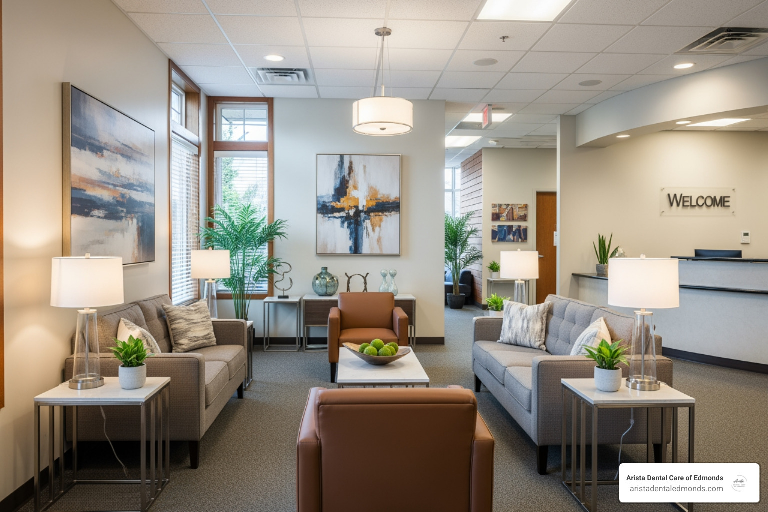 Welcoming dental office interior with comfortable seating, modern decor, and plants, emphasizing a calming environment for patients at Arista Dental Care of Edmonds.
