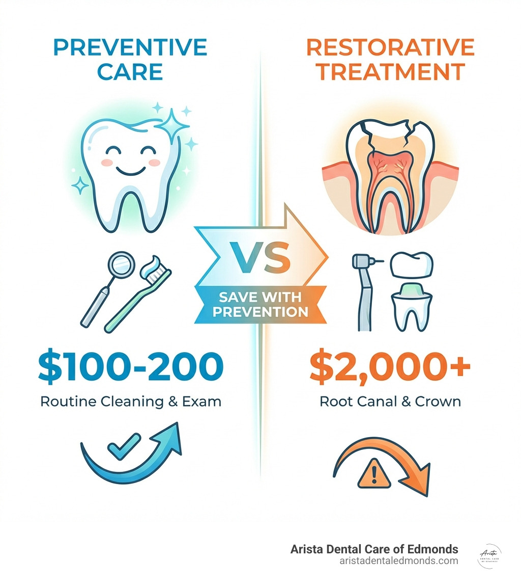 Preventive care versus restorative treatment infographic illustrating cost comparison of routine cleaning and exam ($100-200) versus root canal and crown ($2,000+), highlighting benefits of dental prevention at Arista Dental Care of Edmonds.